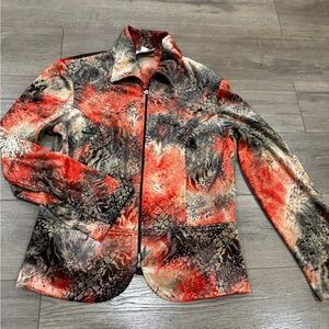 [10]Joseph Ribkoff Red and Black Leaf Patterned Zipper Jacket